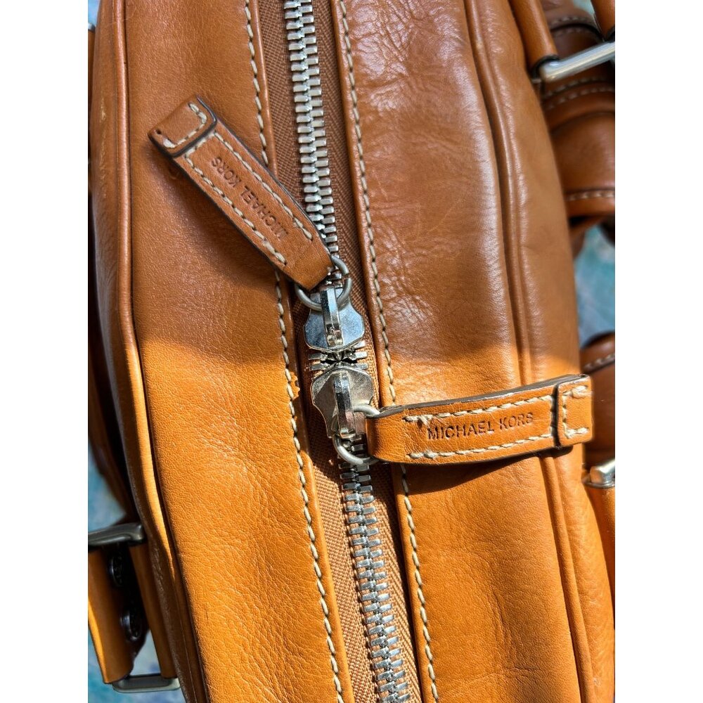 Vintage Michal Kors Cognac Leather Satchel-Buckle Pocket Detail - Picture 5 of 8
